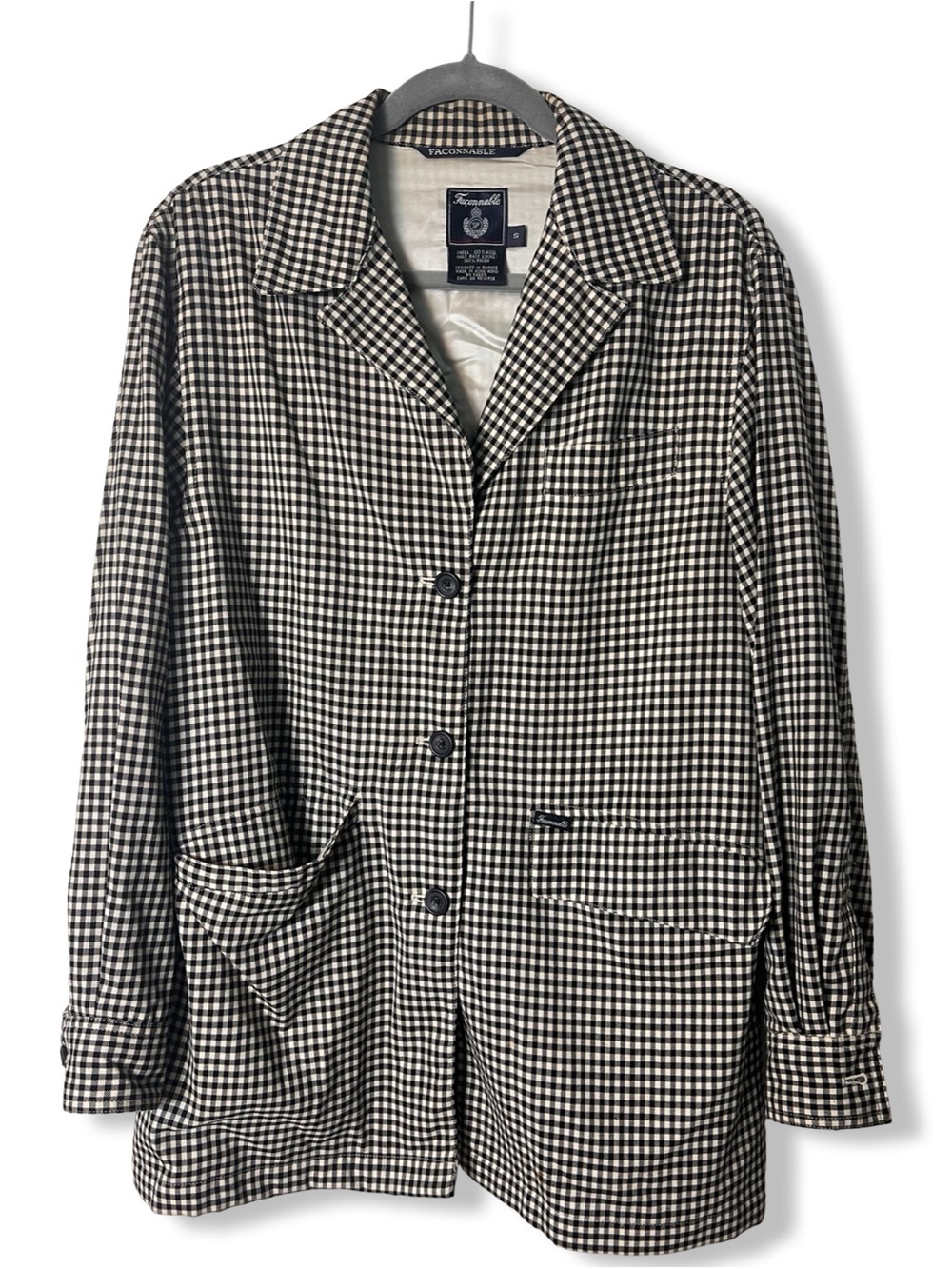 Faconnable Vintage Women’s Gingham Check Wool Blazer Jacket‎ Black White Sz. S